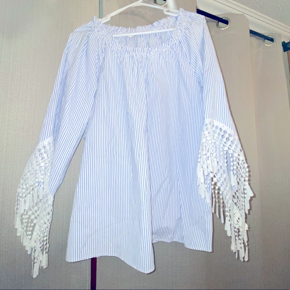 Blue striped top with “Belle” sleeves - Size Large